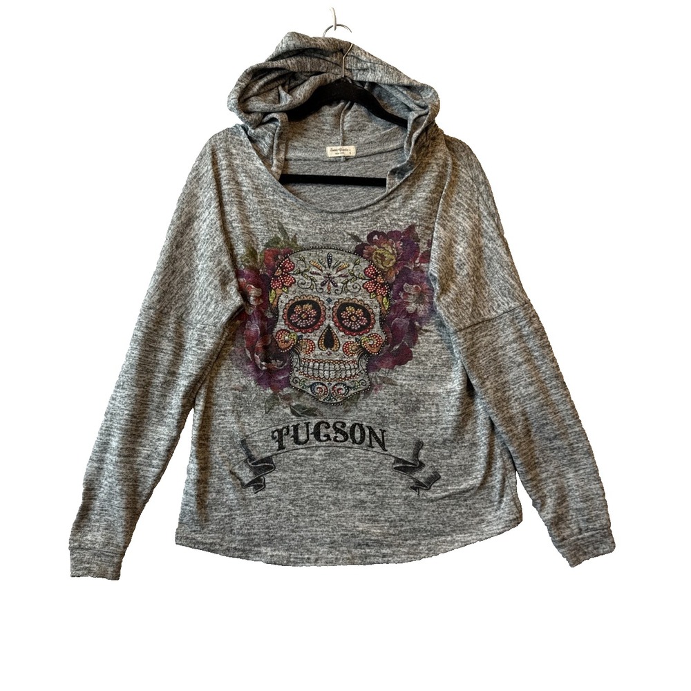 Sweet Gisele Sugar Skull Hoodie Gray Studded Tucson Goth Y2K Floral S Bling Art